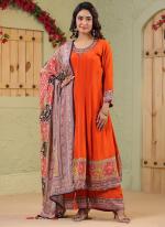 Muslin Orange Wedding Wear Thread Work Readymade Plazzo Suit